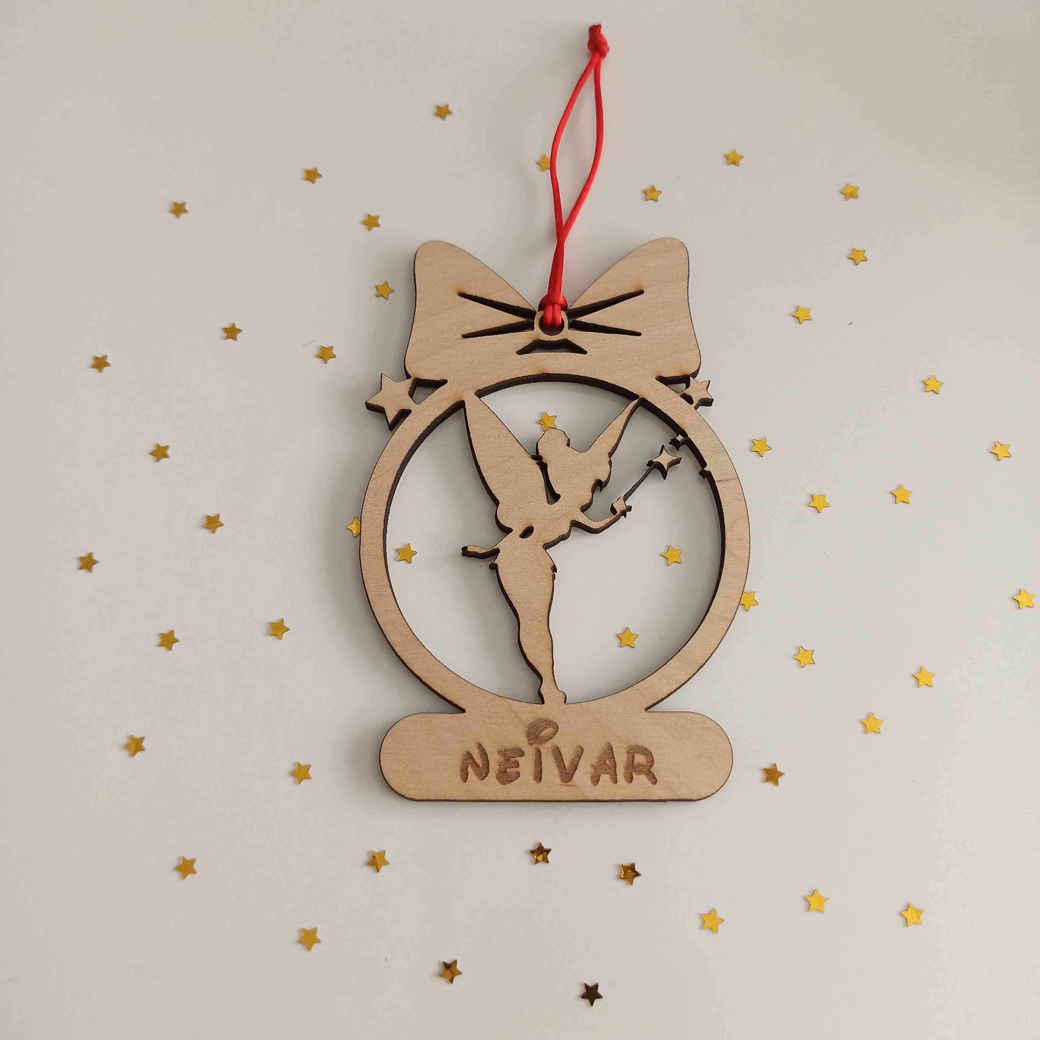 Bola de navidad en madera con dibujo de campanilla personalizada con nombre