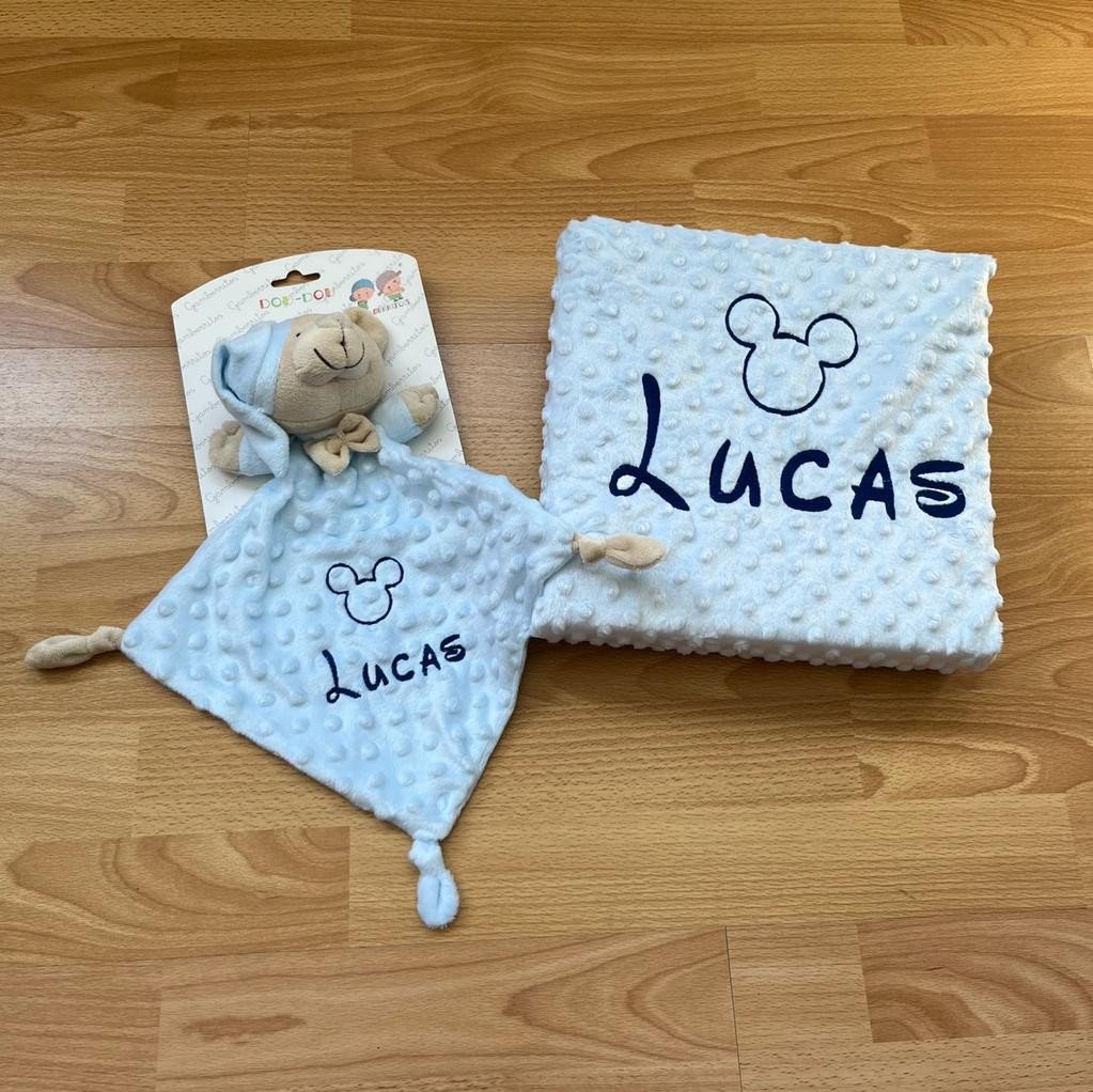 Pack Manta Dou Dou Oso Personalizado Celeste bordado
