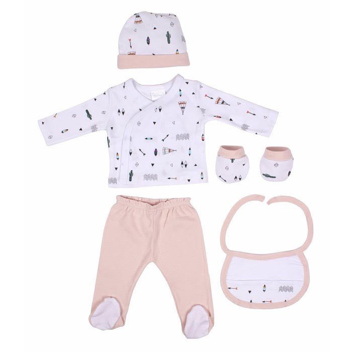 Set 5 piezas primera puesta Indio Rosa: Gorro, Polaina, Manoplas, Camisola y Babero