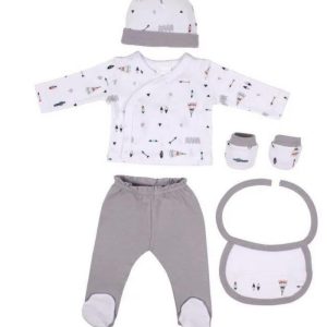 Set 5 piezas primera puesta Indio Gris: Gorro, Polaina, Manoplas, Camisola y Babero