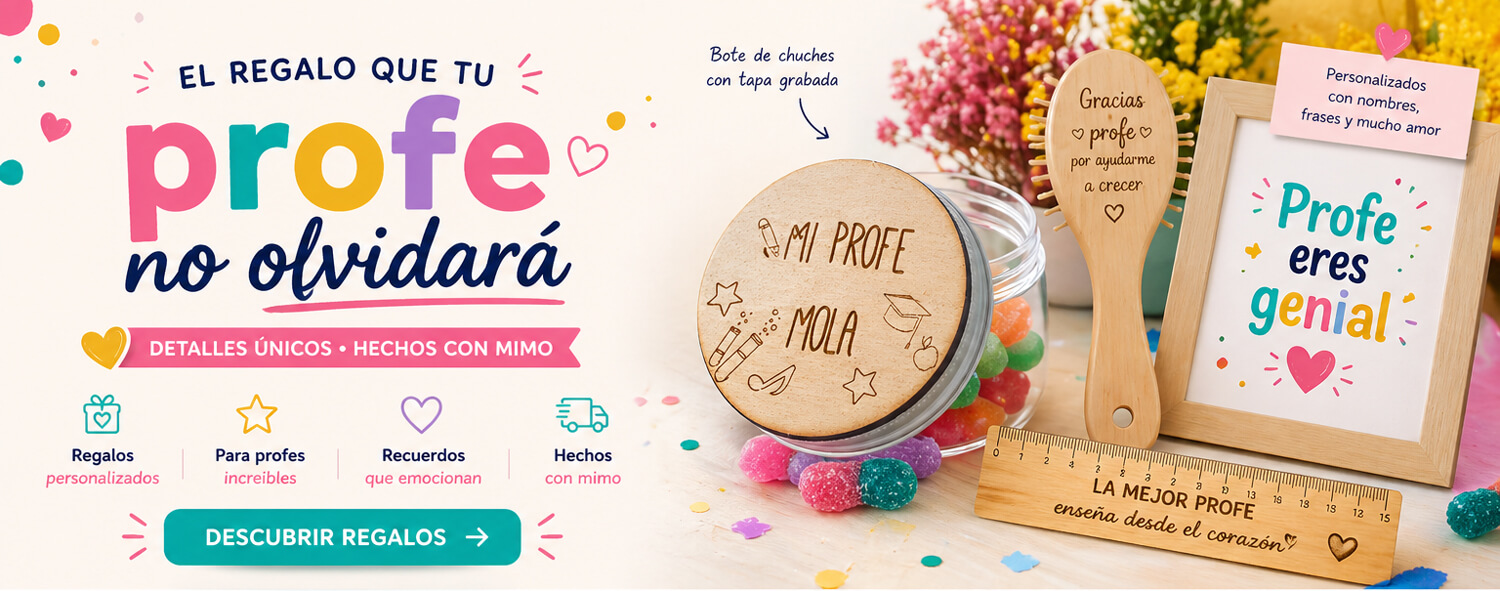 Regalos personalizados para profesores fin de curso: bote de chuches grabado, cepillo, regla y marco con mensaje en madera